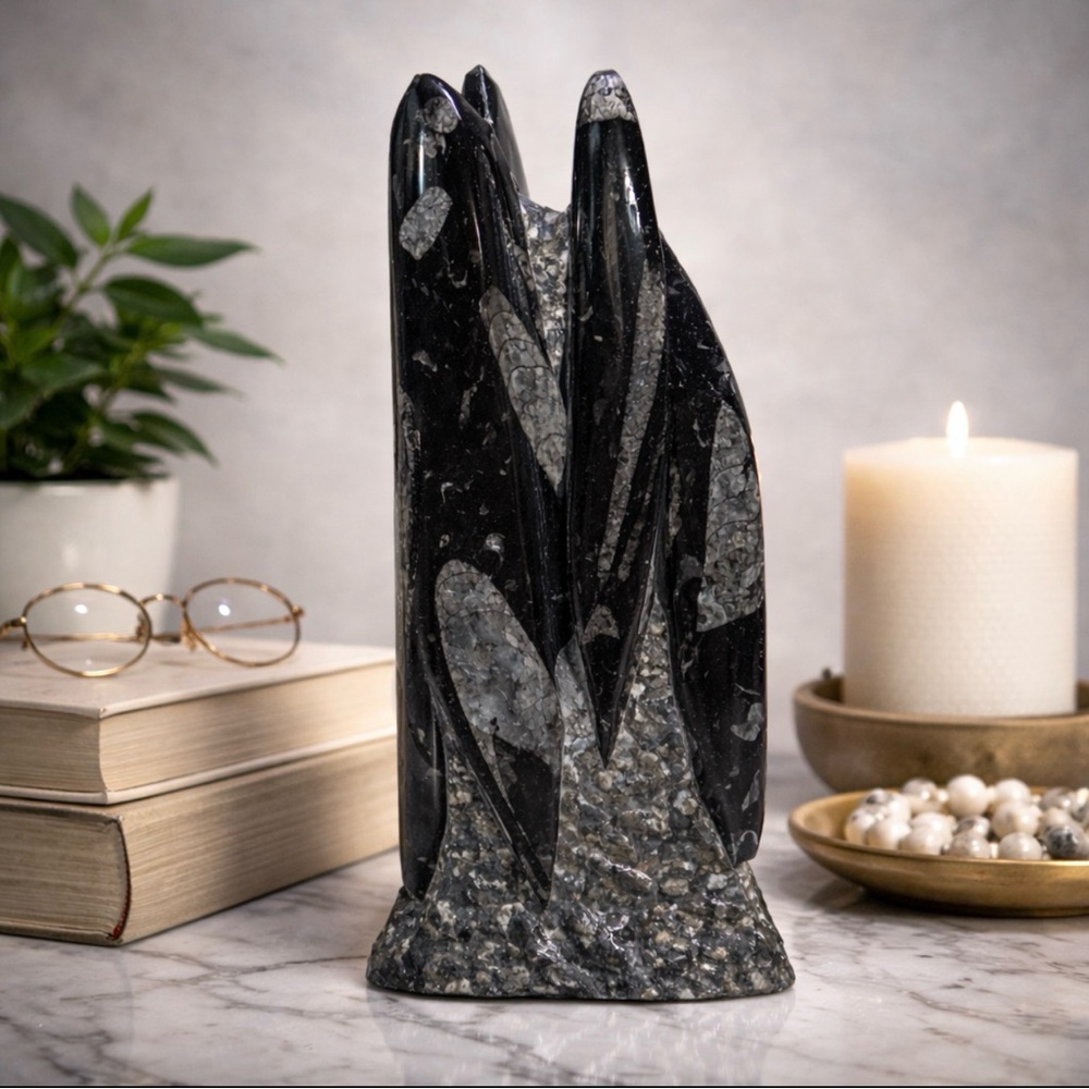 12” POLISHED ORTHOCERAS MASS MORTALITY FOSSIL TOWER COLLECTOR SCULPTURE